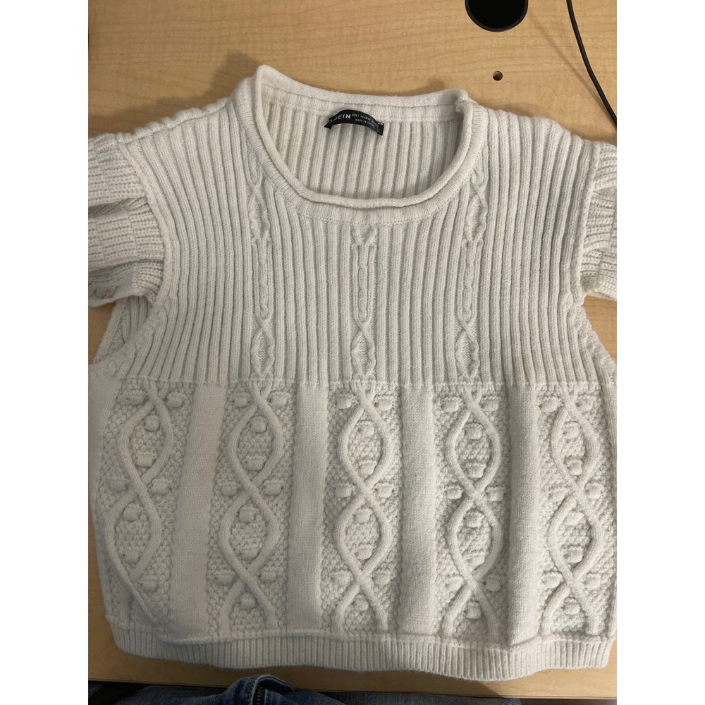 SHEIN White Cable Knit Ruffle Short Sleeve Sweater Top Size L Crew Neck Ribbed